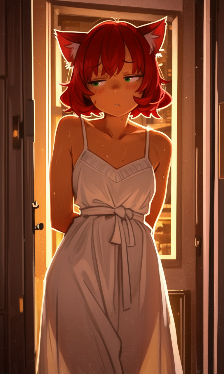 1boy, animal_ear_fluff, animal_ears, arms_behind_back, blush, cat_boy, cat_ears, closed_mouth, collarbone, dark-skinned_male, dark_skin, door, dress, green_eyes, indoors, khyle_(style), looking_to_the_side, medium_hair, metadata_request, non-web_source, original, otoko_no_ko, pixaiart, plant_milk, red_hair, self-upload, selloak, sleeveless, sleeveless_dress, white_dress, wide_hips
