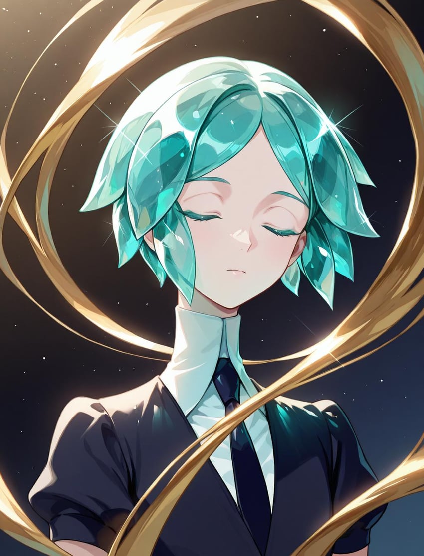 1other, androgynous, aqua_hair, bangs, black_background, black_jacket, black_necktie, blue_background