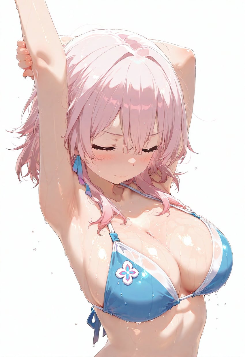 1girl, arms_up, bangs, bikini, bikini_top_only, blue_bikini, blush, breasts