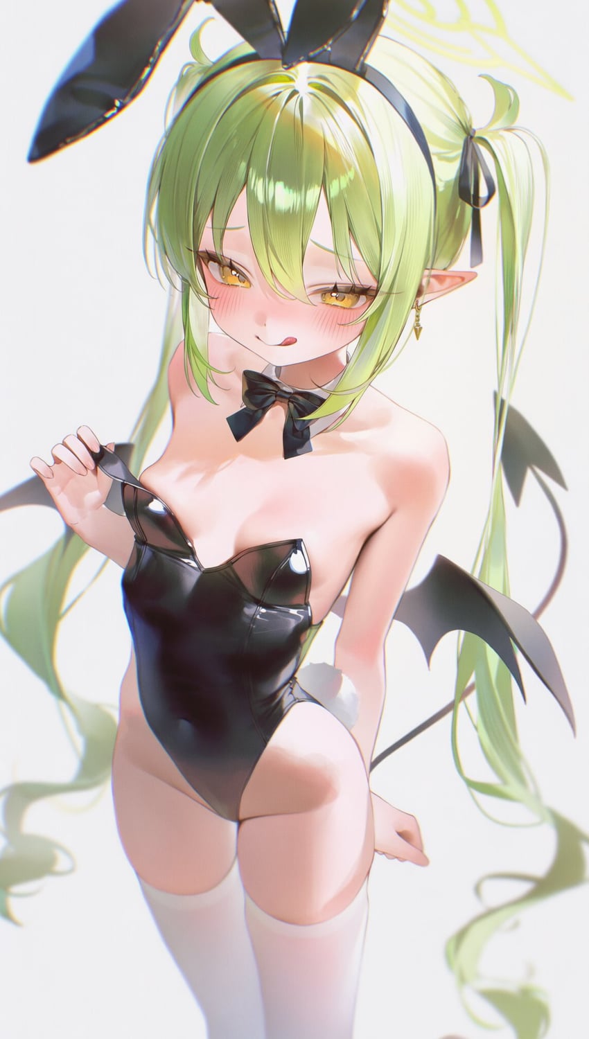 1girl, :p, animal_ear_hairband, animal_ears, black_leotard, blue_archive, blush, breasts, covered_navel, demon_tail, demon_wings, fake_animal_ears, green_hair, hairband, highres, leotard, licking_lips, looking_at_viewer, mesugaki, nozomi_(blue_archive), nyalia, rabbit_ear_hairband, rabbit_ears, small_breasts, smug, solo, tail, teasing, thighhighs, tongue, tongue_out, twintails, white_thighhighs, wings, yellow_eyes