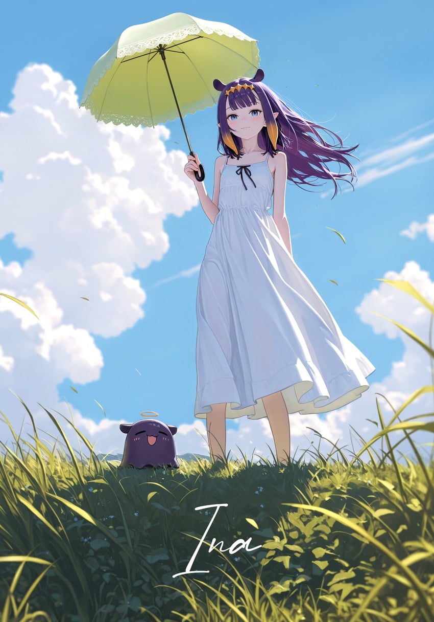 1girl, animal_ears, bangs, blue_eyes, blue_sky, blunt_bangs, closed_mouth, cloud