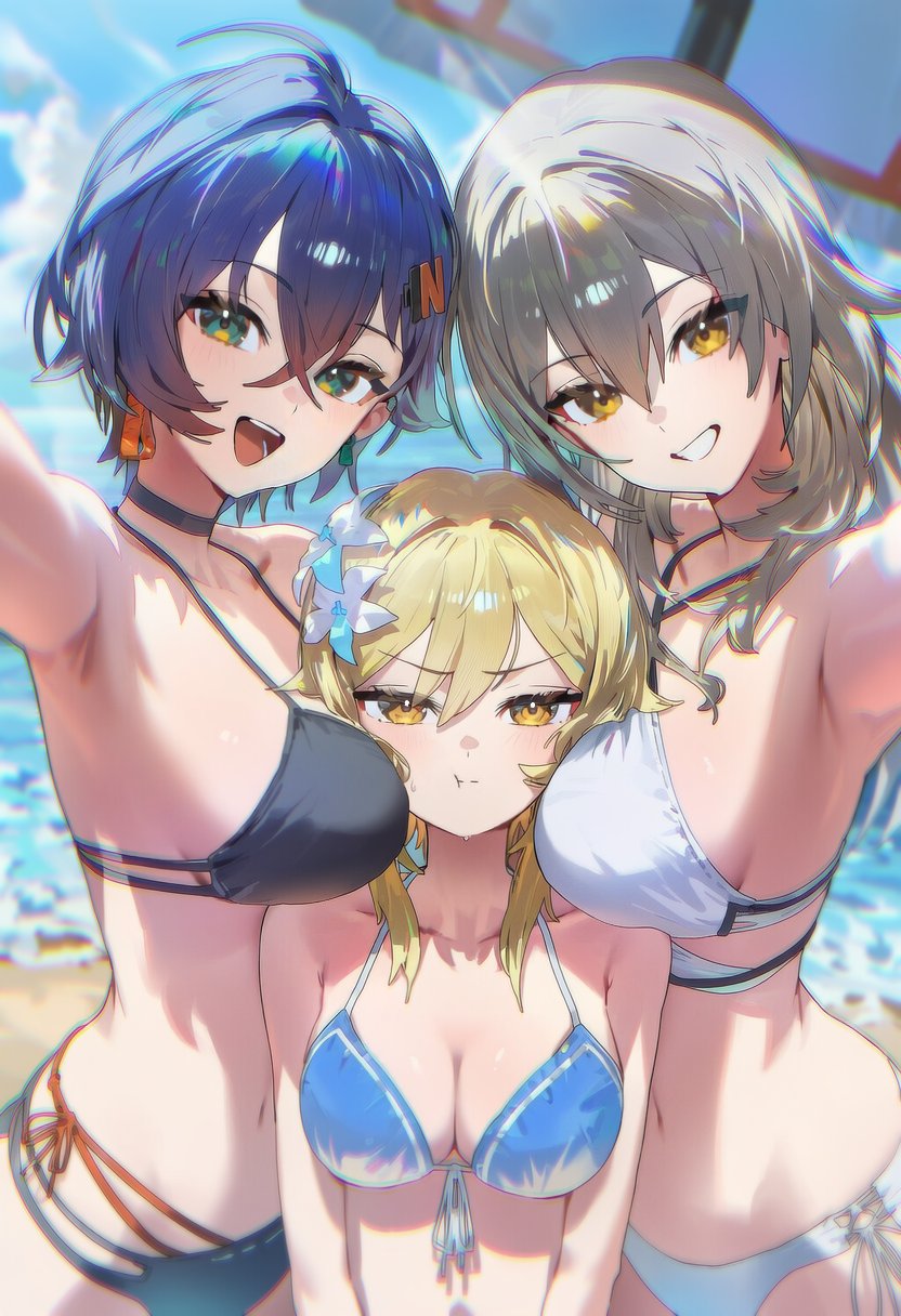 3girls, ahoge, armpits, beach, belle_(zenless_zone_zero), between_breasts, bikini, black_bikini