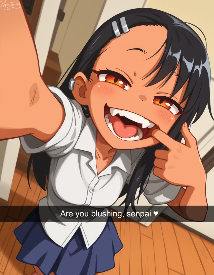 1girl, absurdres, alt_text, arched_lower_eyelids, artist_name, bangs, black_hair, blue_skirt