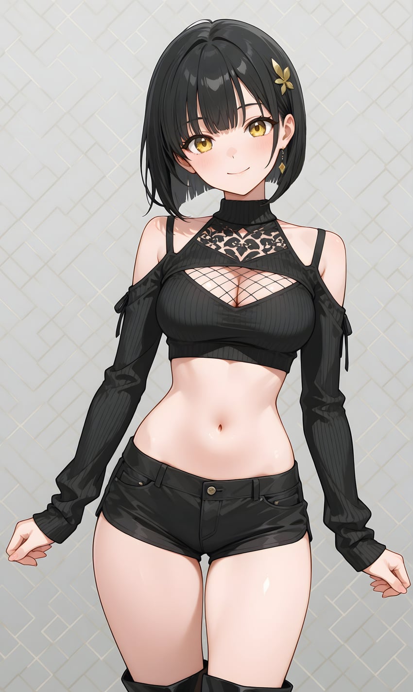 1girl, absurdres, bare_shoulders, black_footwear, black_hair, black_shorts, black_sweater, bob_cut