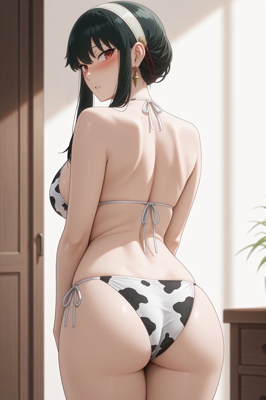 1girl, absurdres, animal_print, ass, back, bangs, bikini, black_hair