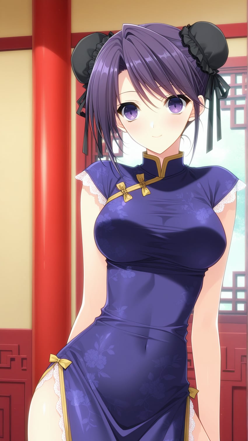 1girl, architecture, bangs, berry's, black_ribbon, breasts, bun_cover, china_dress