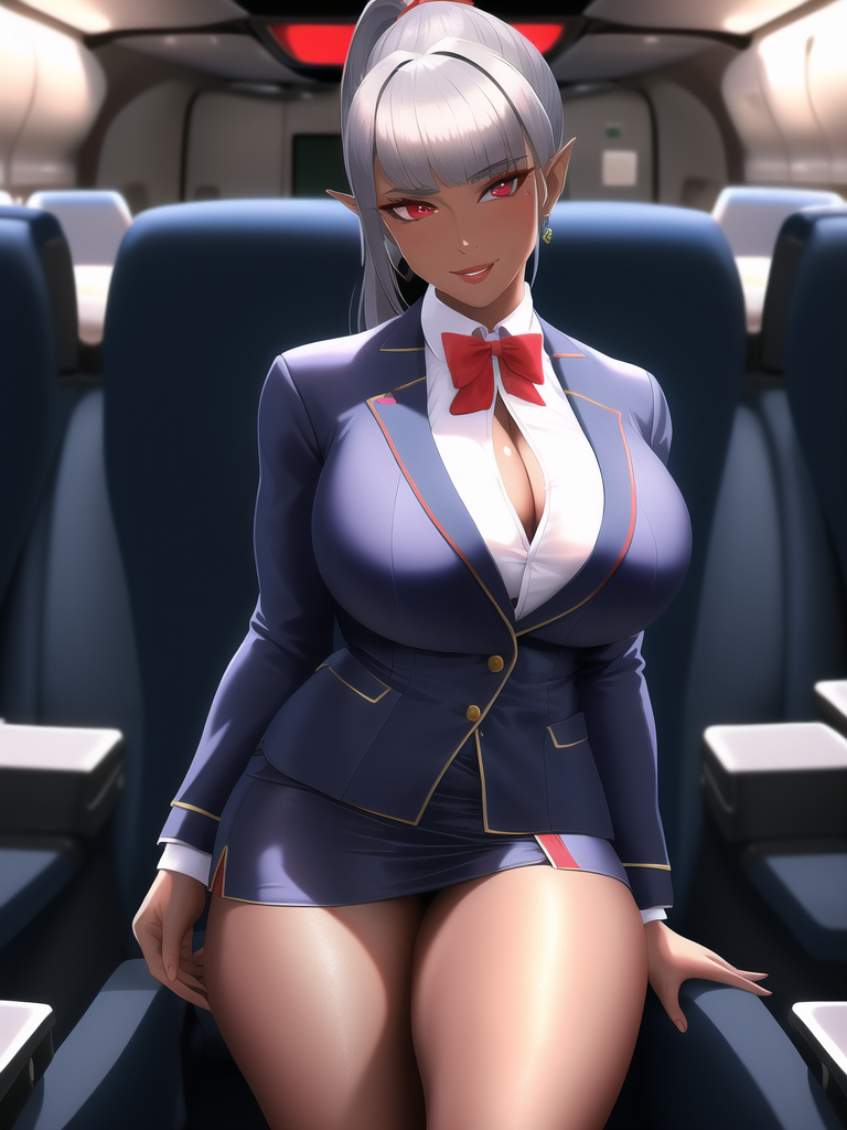 1girl, airplane_interior, artsynthesis, blue_jacket, blurry, blurry_background, bow, bowtie