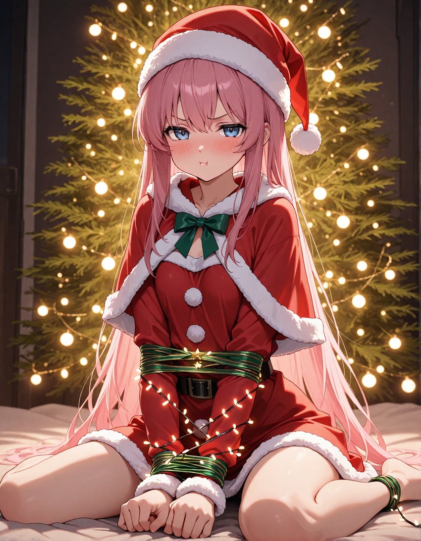 1girl, :i, belt, blue_eyes, blush, boots, bound, bound_arms