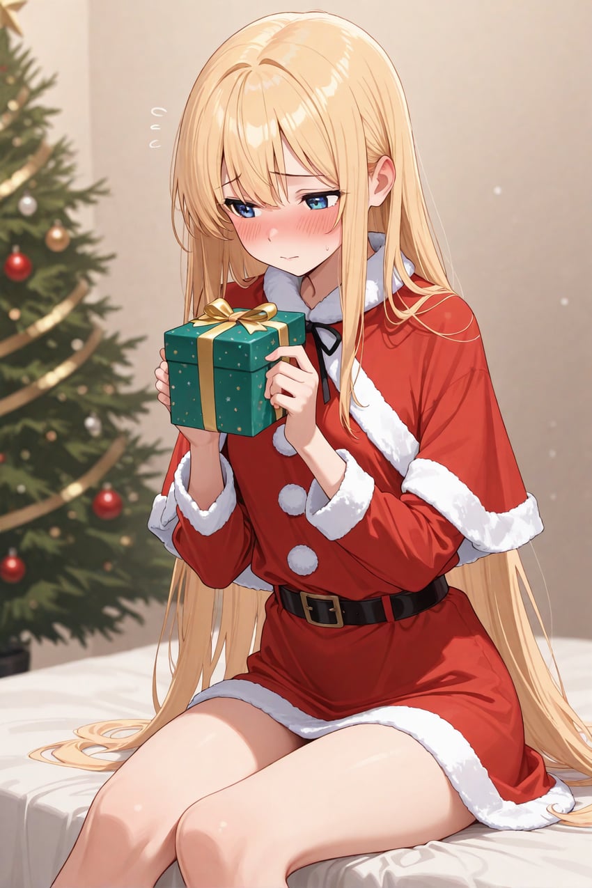 1girl, bad_hands, belt, black_belt, blonde_hair, blue_eyes, blush, box, capelet, christmas, christmas_ornaments, christmas_present, christmas_tree, comfyui, dress, e-lo-ma, error, fur-trimmed_capelet, fur-trimmed_dress, fur_trim, gift, gift_box, highres, holding, holding_gift, long_hair, long_sleeves, looking_away, no_pants, non-web_source, on_bed, original, red_dress, santa_costume, santa_dress, self-upload, shy, sitting, solo, thighs