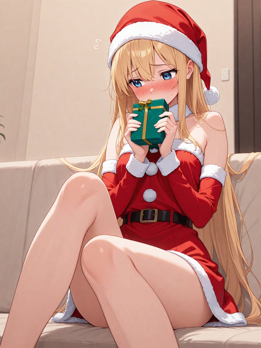 1girl, belt, black_belt, blonde_hair, blush, box, breasts, christmas_present, collar, comfyui, couch, dress, e-lo-ma, from_below, fur-trimmed_collar, fur-trimmed_dress, fur-trimmed_headwear, fur_trim, gift, gift_box, hat, holding, holding_gift, long_hair, looking_away, no_pants, non-web_source, on_couch, original, red_dress, red_headwear, santa_costume, santa_dress, santa_hat, self-upload, shy, sitting, small_breasts, solo, thighs