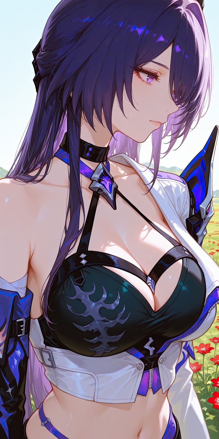 1girl, absurdres, acheron_(honkai:_star_rail), asymmetrical_sleeves, bangs, bangs_over_one_eye, black_choker, breasts