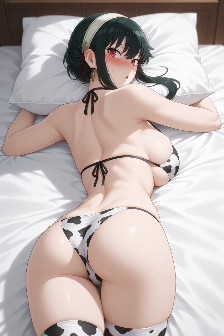1girl, absurdres, animal_print, ass, bangs, bed, black_hair, blush