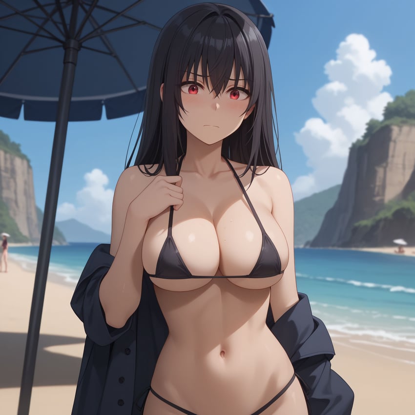 1girl, absurdres, bangs, beach, beach_umbrella, bikini, black_bikini, black_hair, blue_sky, blush, breasts, claire_kagenou, cleavage, cloud, cloudy_sky, collarbone, hair_between_eyes, highres, incredibly_absurdres, kage_no_jitsuryokusha_ni_naritakute!, large_breasts, light_blush, long_hair, navel, ocean, partially_undressed, red_eyes, romanos575, sand, sky, swimsuit, toned, toned_female, umbrella, undressing