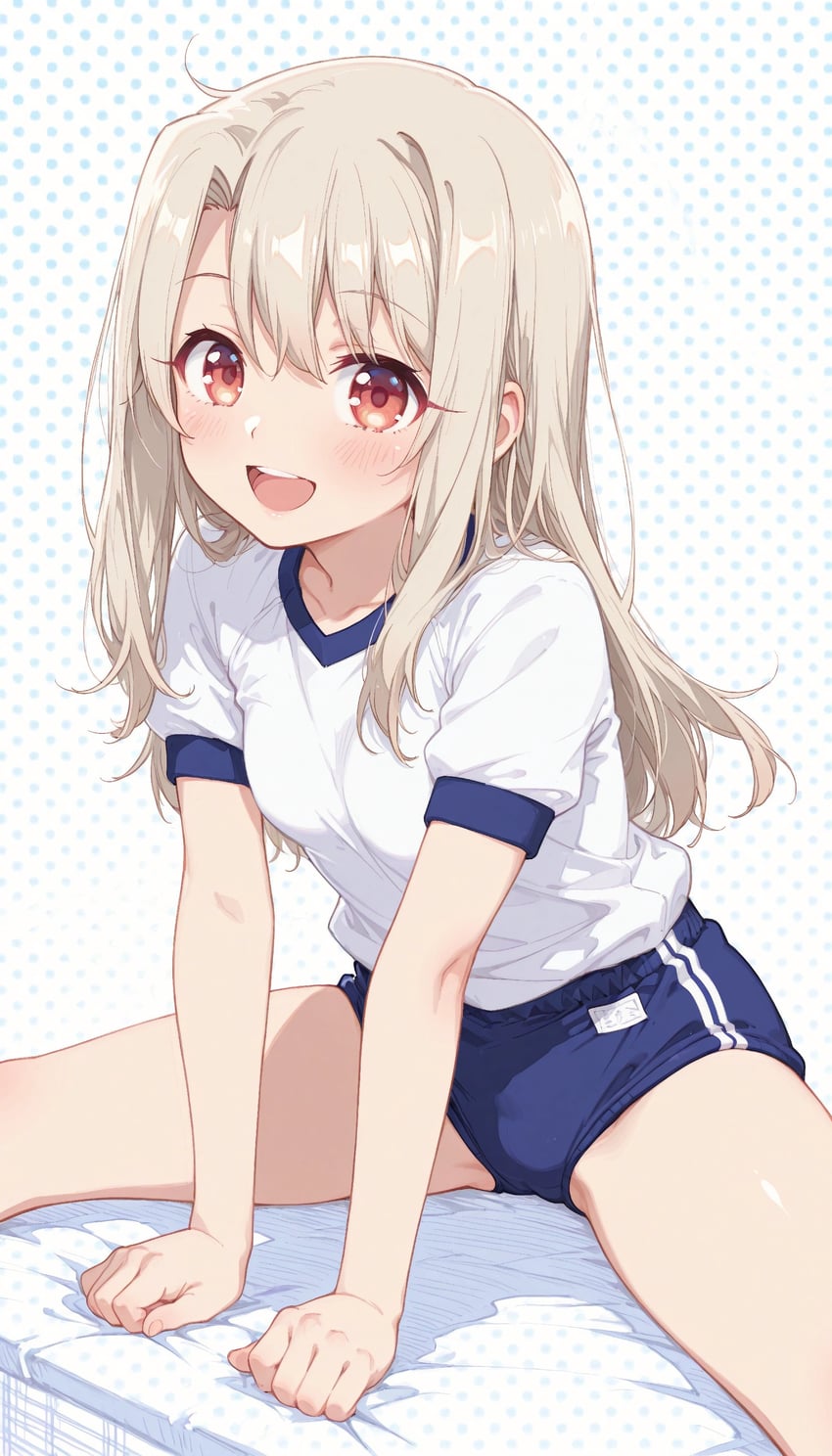 1girl, absurdres, airasu, blonde_hair, blue_buruma, blush, breasts, buruma