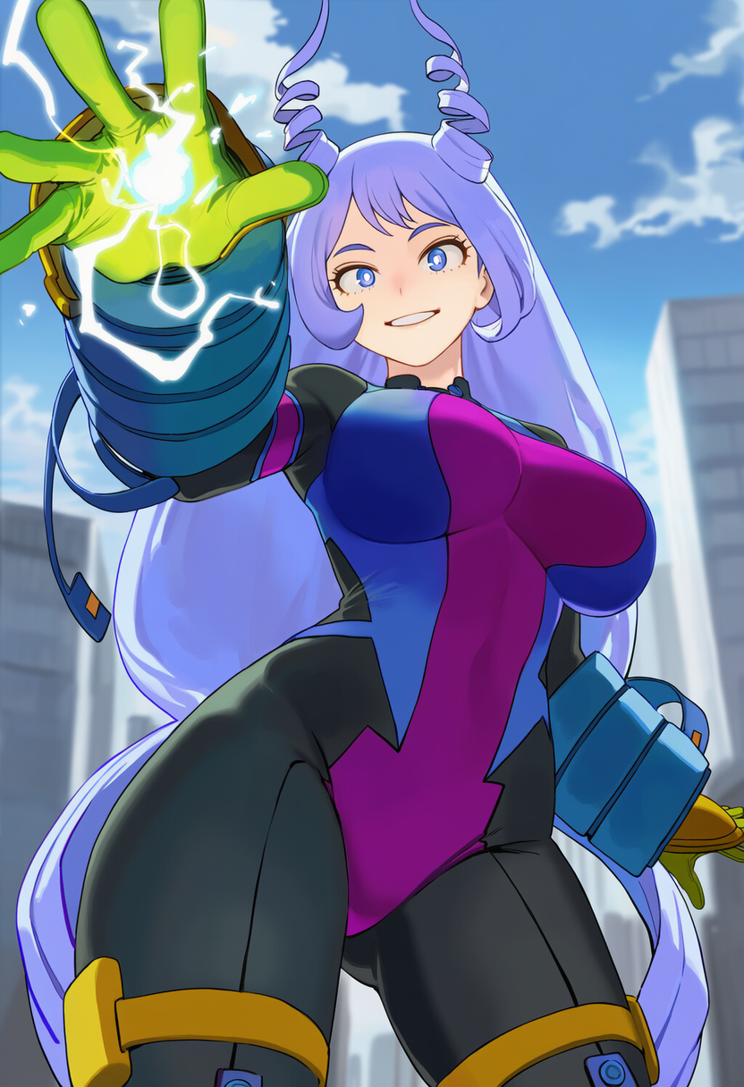1girl, alternate_color, apprenticedomini, ass_visible_through_thighs, belt, belt_pouch, black_bodysuit, blue_eyes, blue_hair, blue_sky, blurry, blurry_background, bodysuit, boku_no_hero_academia, breasts, bright_pupils, building, character_reference_(novelai), city, cloud, cloudy_sky, curvy, dark_persona, day, depth_of_field, drill_hair, electricity, energy, energy_ball, evil_eyes, evil_smile, gloves, green_gloves, hadou_nejire, hair_horns, inpainted, large_breasts, long_hair, non-web_source, novelai, outdoors, pouch, purple_bodysuit, self-upload, sky, smile, solo, superhero, superhero_costume, superheroine, supervillain, teeth, thick_thighs, thigh_belt, thigh_strap, thighs, twin_drills, two-tone_bodysuit, very_long_hair, white_pupils, wide_hips, yellow_belt