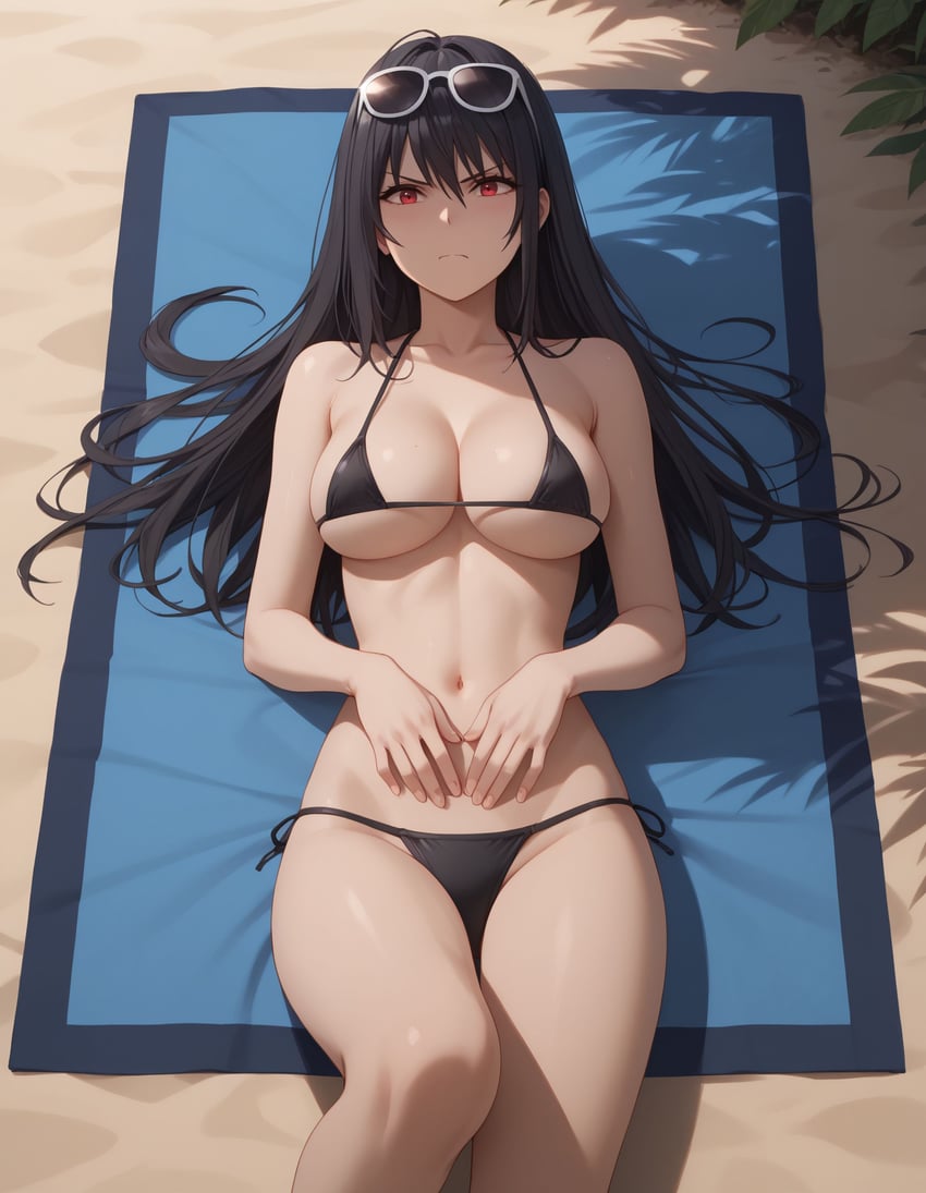 1girl, absurdres, bangs, beach, beach_mat, beach_towel, bikini, black_bikini