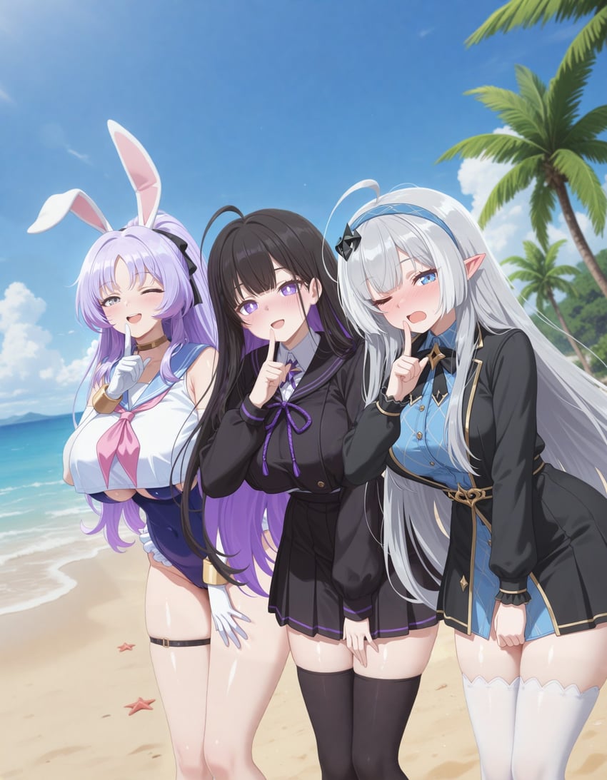 3girls, ;d, ahoge, animal_ears, bare_shoulders, beach, black_choker, black_hair