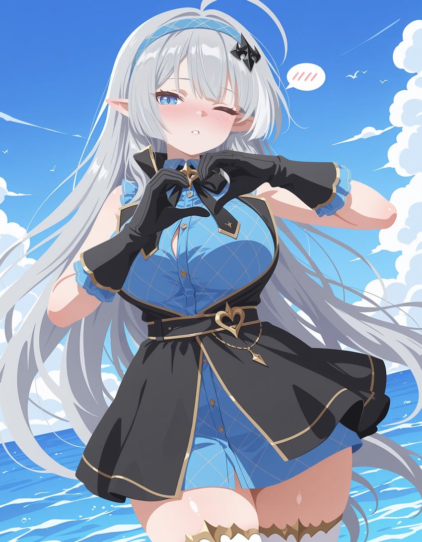 1girl, ahoge, bare_shoulders, belt, black_belt, black_bow, black_gloves, blue_dress