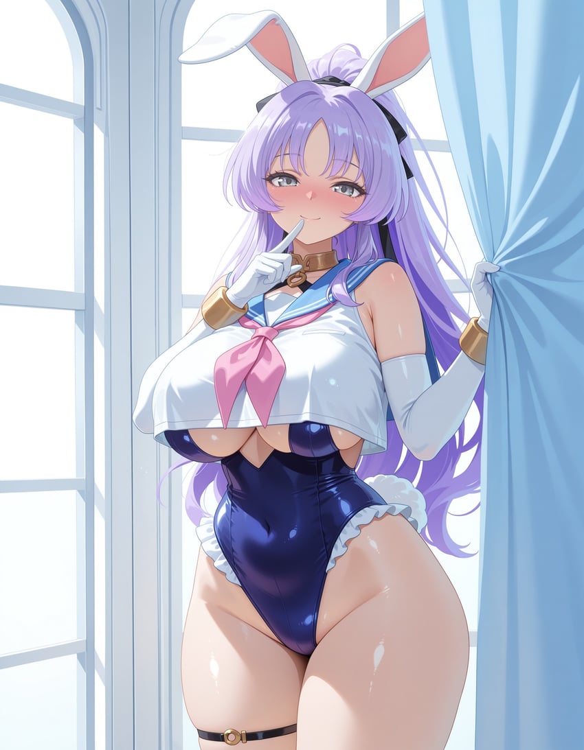 1girl, animal_ears, bangs, bare_shoulders, blue_one-piece_swimsuit, blue_sailor_collar, blush, breasts