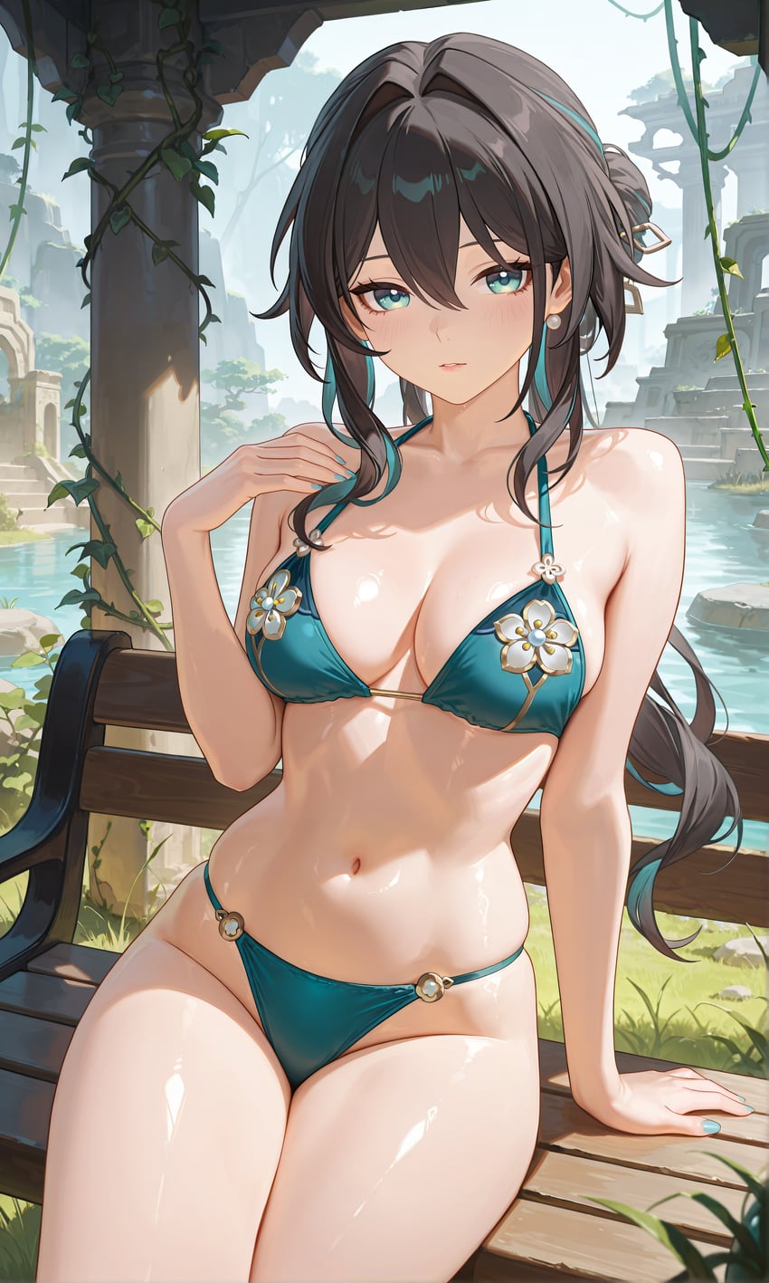 1girl, absurdres, bikini, bra, breasts, choker, detached_collar, edward_no_genso