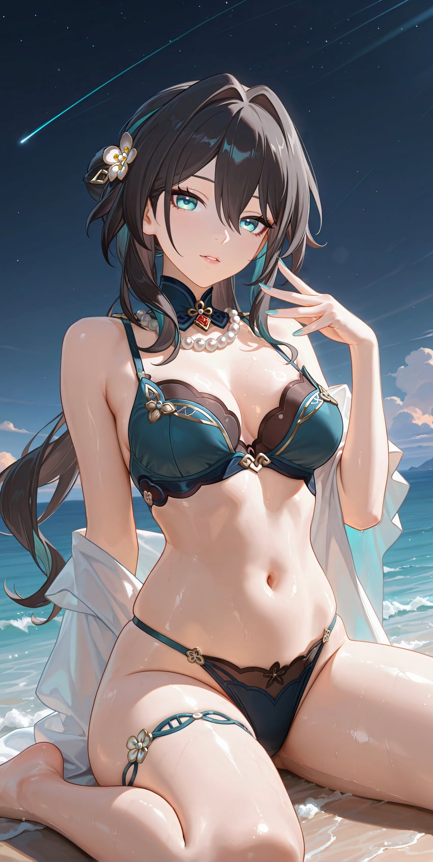 1girl, absurdres, beach, bead_necklace, beads, bra, chinese_clothes, choker