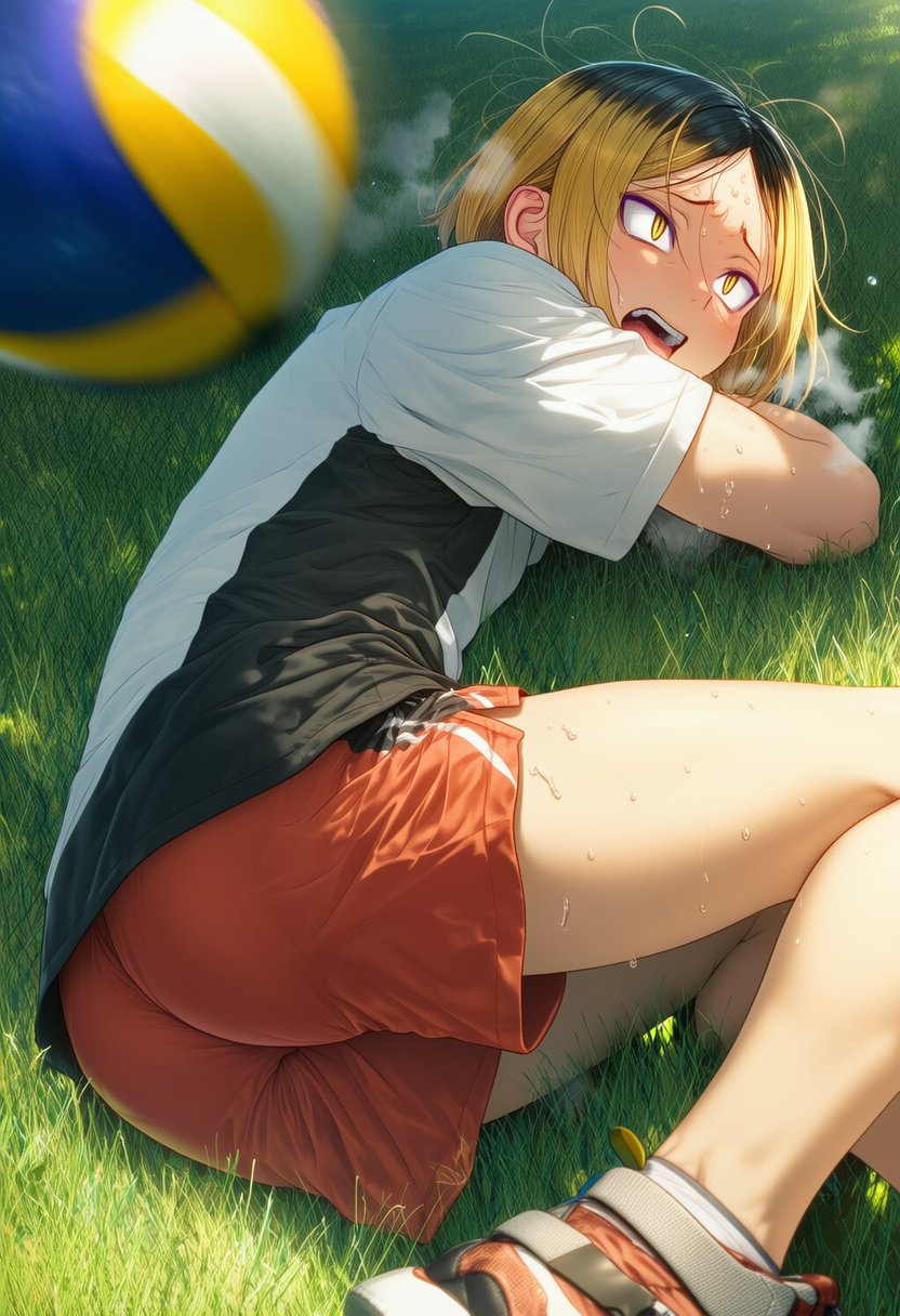 1boy, ass, bangs, blonde_hair, grass, haikyuu!!, imajinkun, kozume_kenma, male_focus, multicolored_hair, on_grass, open_mouth, outdoors, parted_bangs, red_shorts, roots_(hair), shirt, short_hair, short_sleeves, shorts, solo, sweat, teeth, thighs, tongue, two-tone_hair, volleyball, yellow_eyes