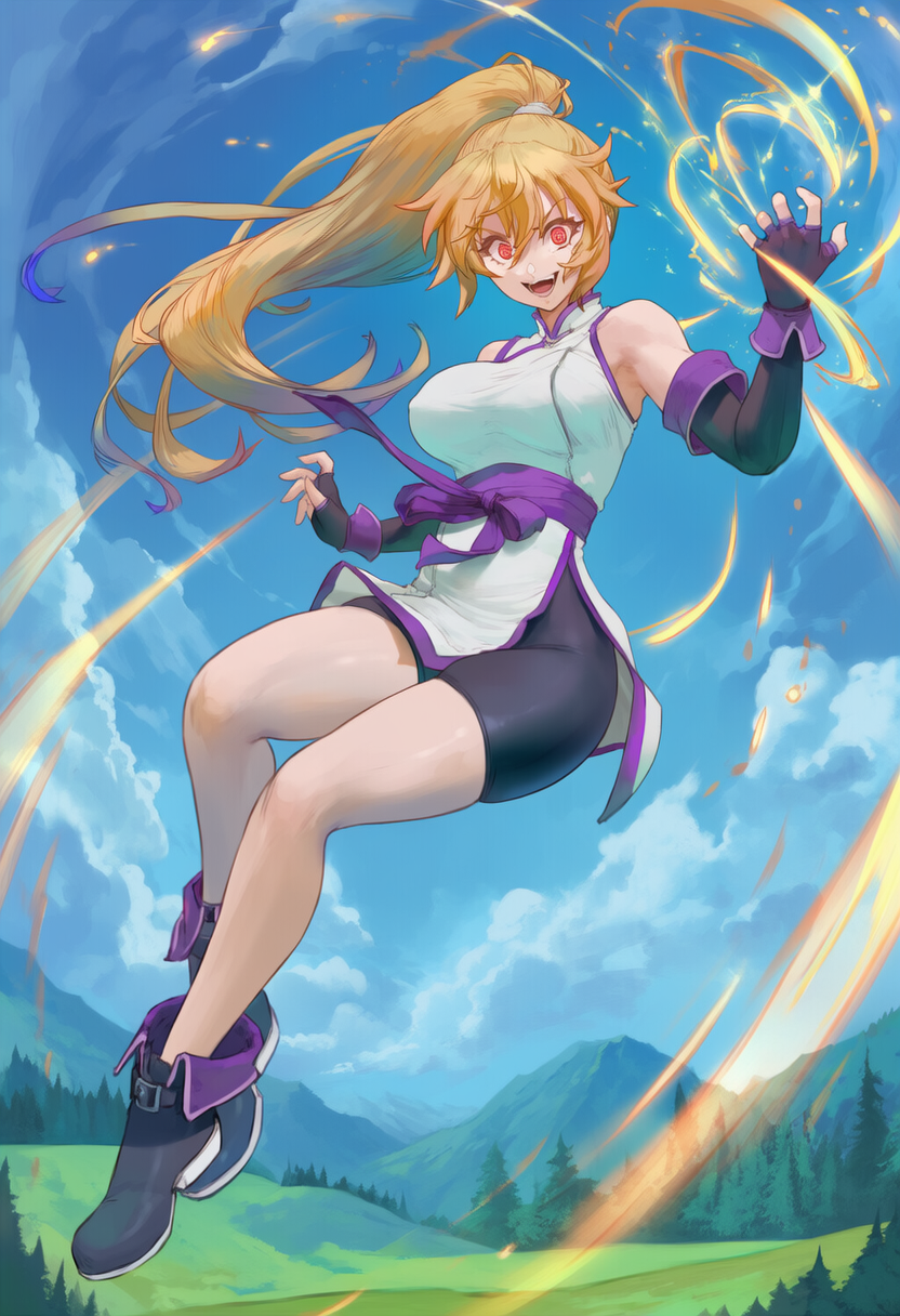 1girl, @_@, alternate_eye_color, alternate_hair_color, alternate_hairstyle, apprenticedomini, bangs, bare_shoulders, bike_shorts, black_footwear, black_gloves, black_shorts, black_sleeves, blonde_hair, blue_sky, blurry, blurry_background, boku_no_hero_academia, boots, breasts, china_dress, chinese_clothes, cloud, cloudy_sky, colored_shoe_soles, cosplay, crazy, crazy_eyes, crazy_smile, crossover, day, depth_of_field, detached_sleeves, dress, electricity, electrokinesis, evil_smile, fighter_(goblin_slayer!), fingerless_gloves, fleetway_super_sonic, floating, floating_clothes, floating_hair, flying, fold-over_boots, fold-over_gloves, gloves, goblin_slayer!, hair_between_eyes, hair_tie, happy, high_ponytail, horizon, inpainted, itsuka_kendo, itsuka_kendo_(cosplay), landscape, large_breasts, long_hair, messy_hair, midair, mountain, mountainous_horizon, non-web_source, novelai, open_mouth, outdoors, ponytail, purple_sash, red_eyes, sash, self-upload, shoe_soles, short_dress, shorts, sky, smile, solo, sonic_(series), spiked_hair, tree, very_long_hair, waist_sash
