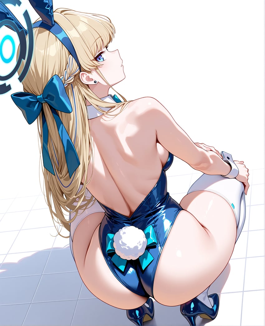 1girl, animal_ears, ass, backboob, backless_leotard, bare_arms, bare_back, bare_shoulders