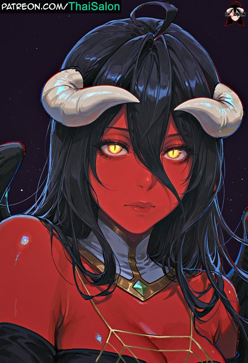 1girl, ahoge, albedo_(overlord), bad_source, black_dress, black_hair, black_wings, breasts, cleavage, close-up, colored_skin, demon_girl, dress, eyebrows_hidden_by_hair, eyelashes, eyeshadow, feathered_wings, feathers, glowing, glowing_eyes, highres, horns, lips, long_hair, low_wings, makeup, metadata_request, model_request, overlord_(maruyama), patreon_username, portrait, red_body, red_lips, red_skin, self-upload, succubus_horns, thaisalon, thick_thighs, thighs, upper_body, watermark, web_address, white_horn, white_horns, wings, yellow_eyes