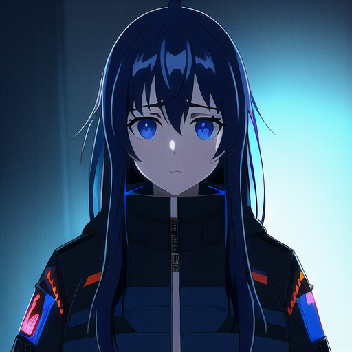 1girl, ahoge, backlighting, bad_link, bangs, black_jacket, blue_background, blue_eyes