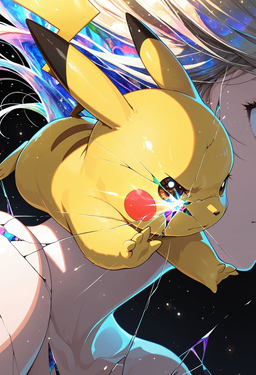 1girl, 1other, absurdres, bare_shoulders, black_background, blonde_hair, blue_eyes, breaking