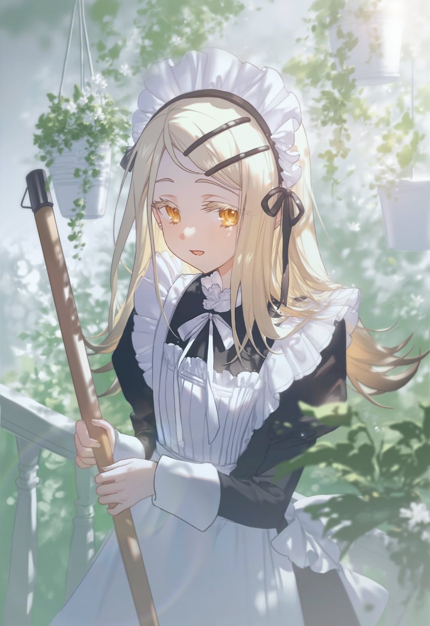 1girl, alternate_costume, blonde_hair, broom, day, enmaided, gakuen_idolmaster, hair_ornament