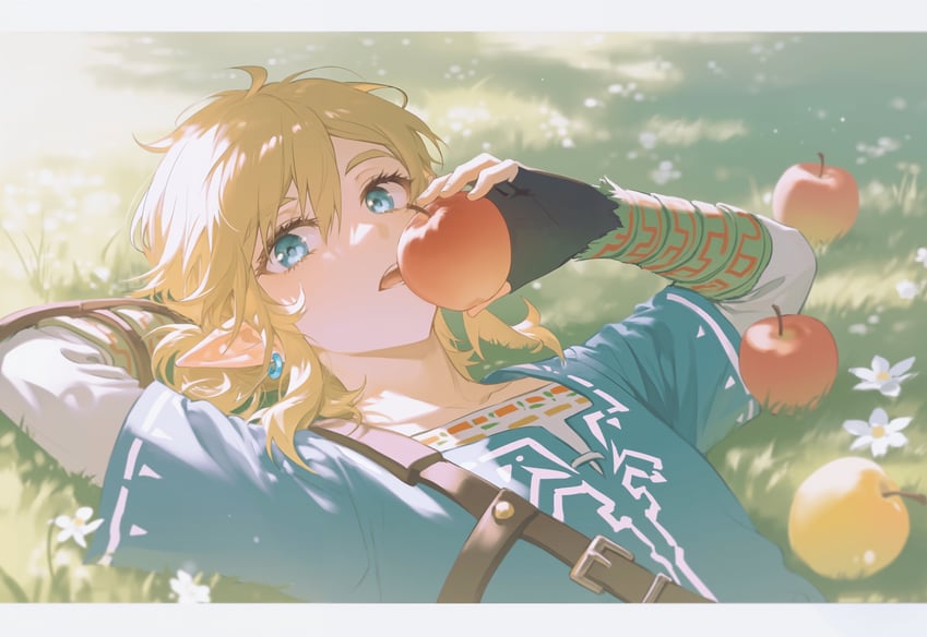 1boy, absurdres, apple, blonde_hair, blue_eyes, blue_shirt, day, eating, elf, fingerless_gloves, food, fruit, gloves, highres, incredibly_absurdres, link, lying, male_focus, on_back, on_grass, outdoors, pointy_ears, shirt, solo, sunlight, the_legend_of_zelda, the_legend_of_zelda:_breath_of_the_wild, xiaobaitu_naitang_i