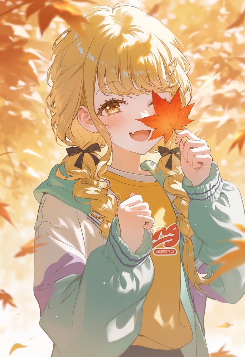 1girl, :3, absurdres, autumn, autumn_leaves, bangs, black_ribbon, blonde_hair