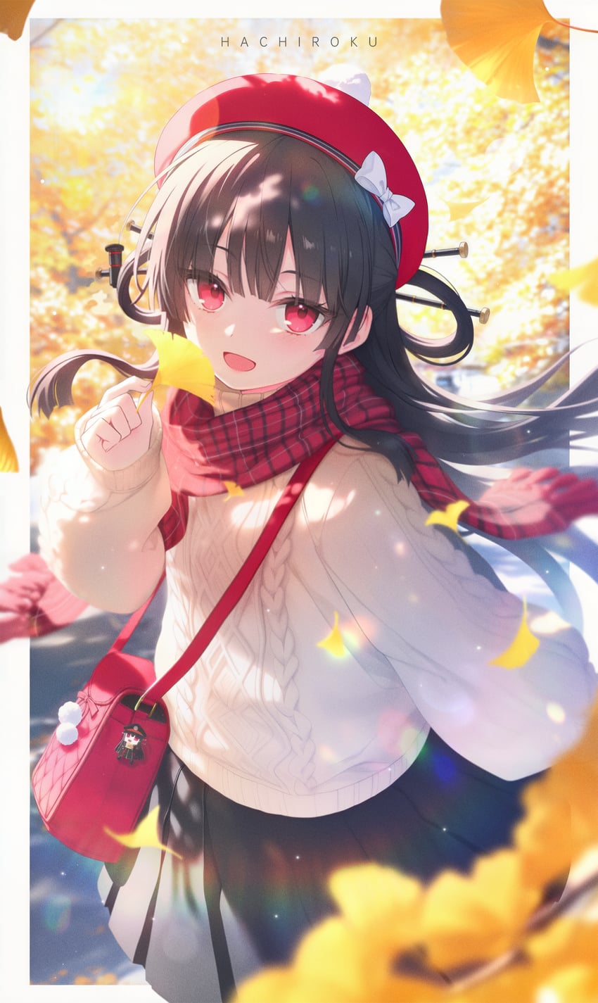 1girl, autumn, bag, black_hair, black_skirt, character_charm, character_name, charm_(object)