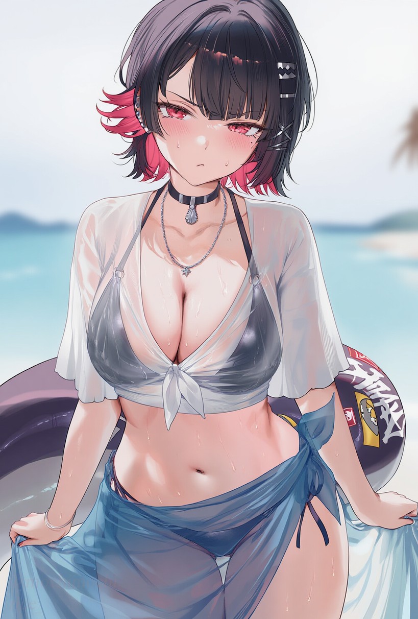 1girl, beach, bikini, black_bikini, black_hair, blue_sarong, blush, breasts