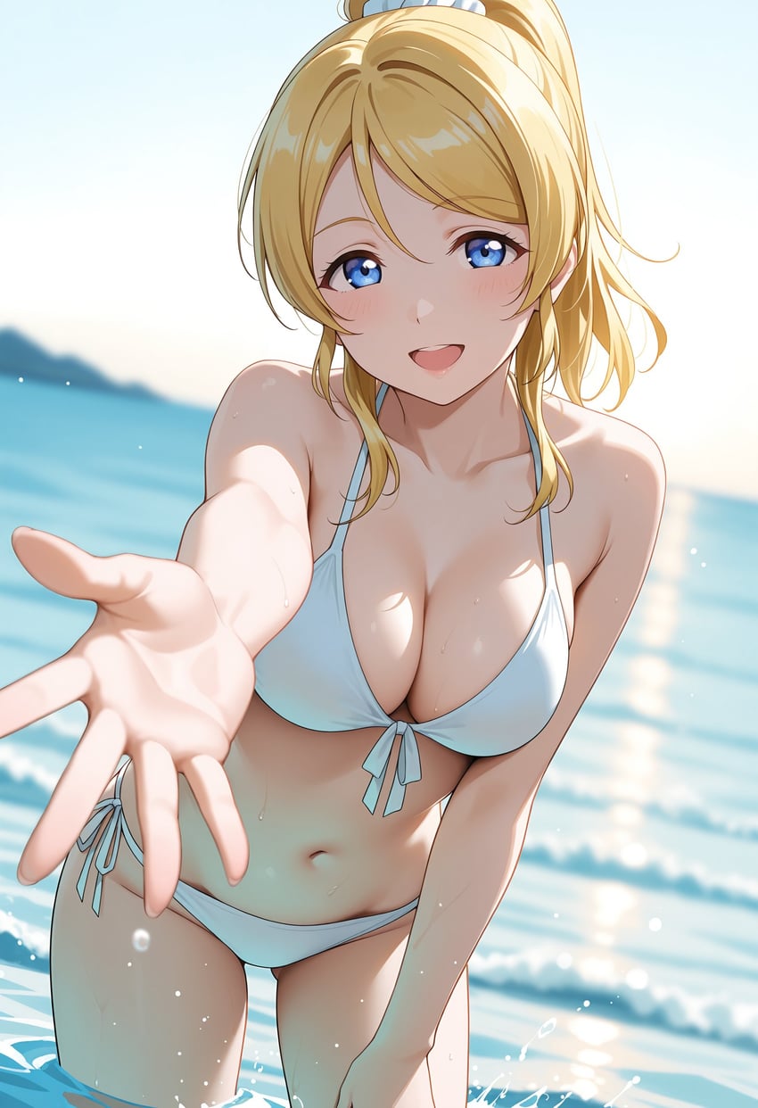 1girl, absurdres, armpit_crease, ayase_eli, bikini, blonde_hair, blue_eyes, breasts