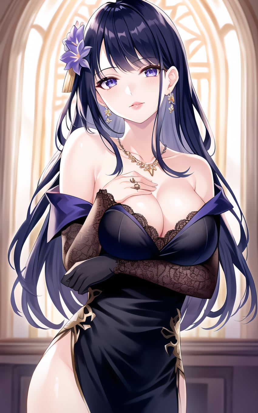 1girl, absurdres, arm_under_breasts, bare_shoulders, black_dress, black_hair, breasts, cleavage