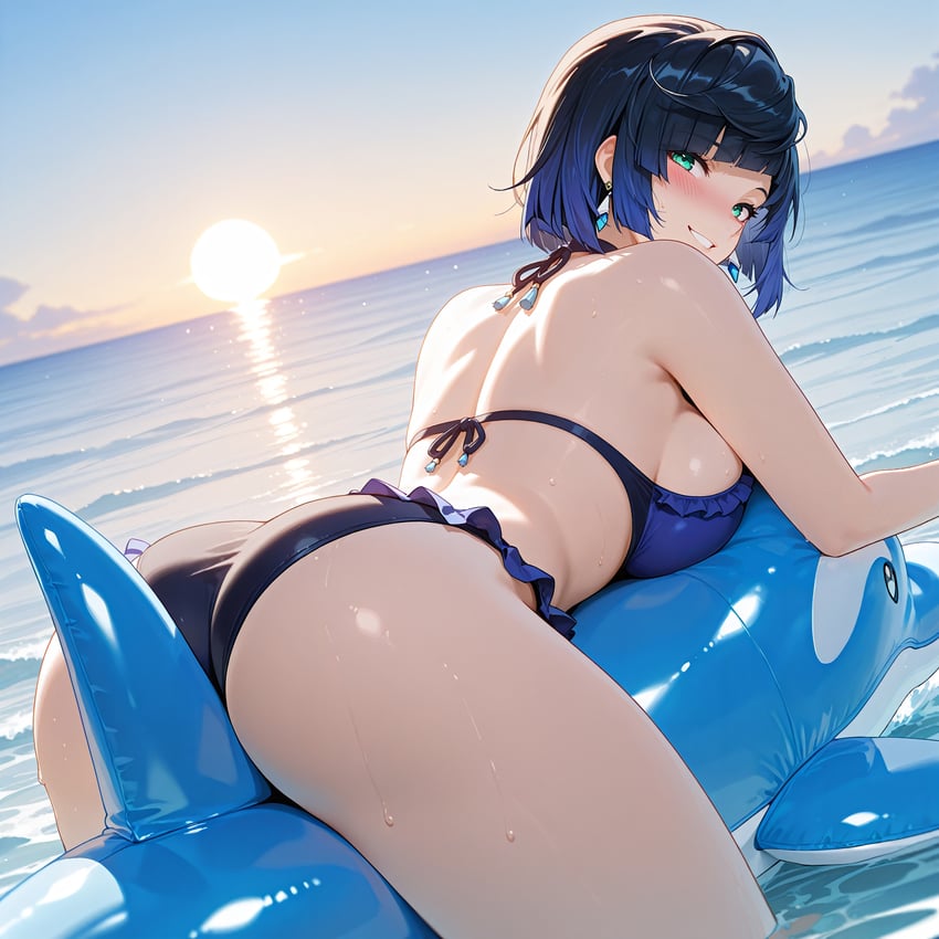 1girl, absurdres, ass, bangs, bikini, blue_bikini, blue_hair, blue_swimsuit