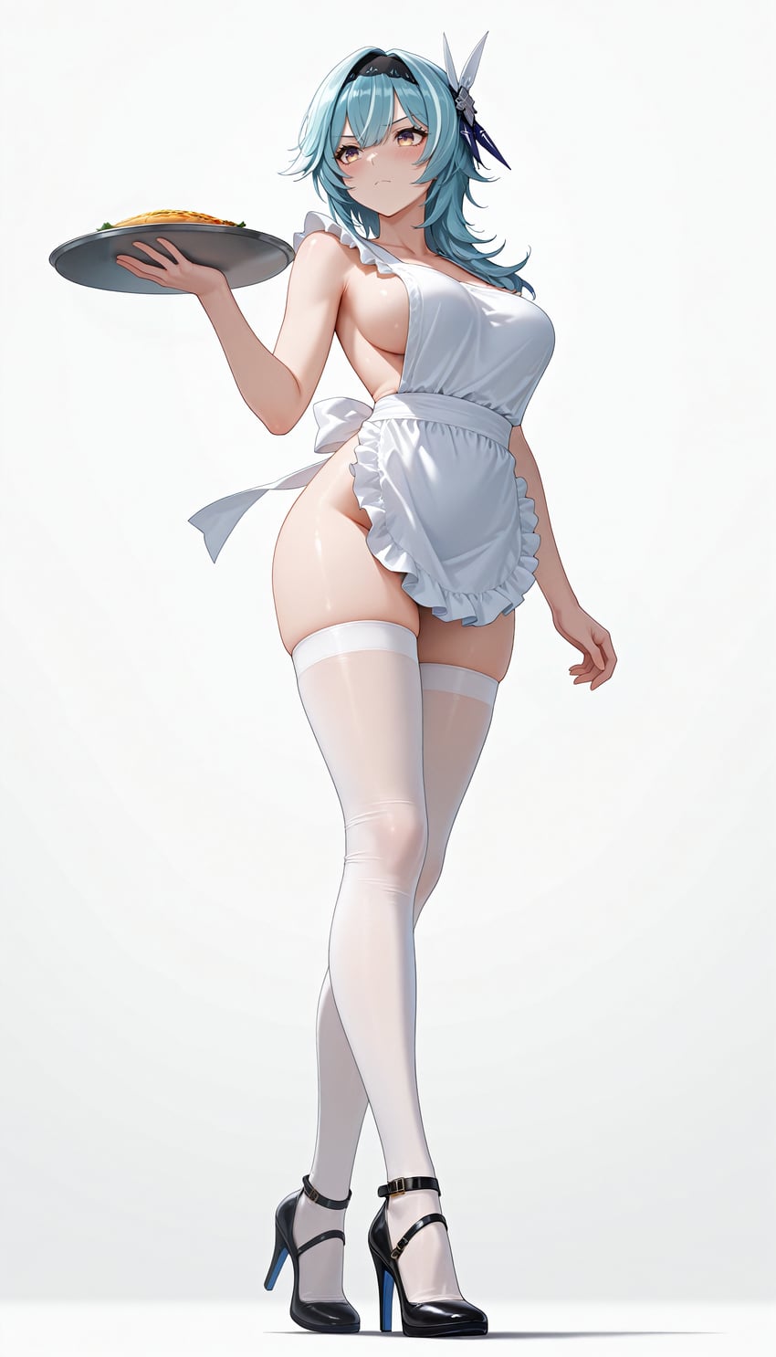 1girl, absurdres, ankle_strap, apron, aqua_hair, arm_at_side, bangs, black_footwear