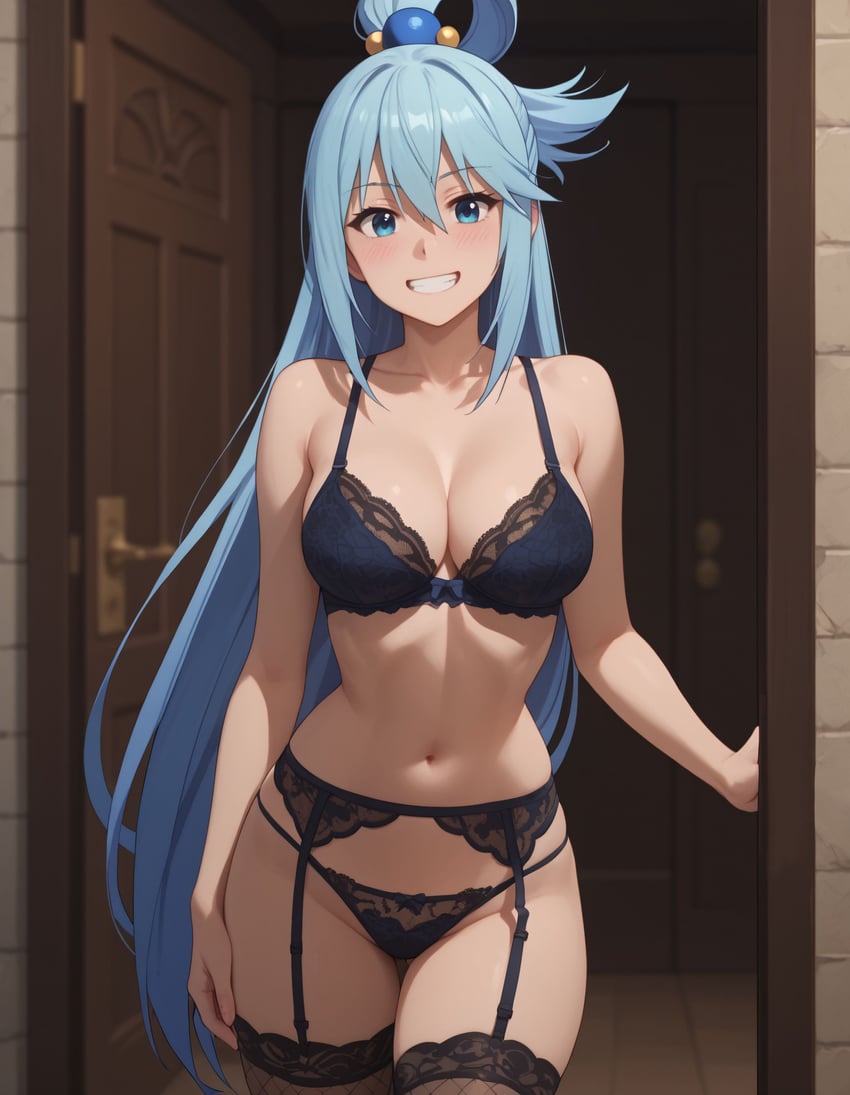 1girl, absurdres, aqua_(konosuba), arm_at_side, bare_arms, black_garter_belt, black_lingerie, black_panties