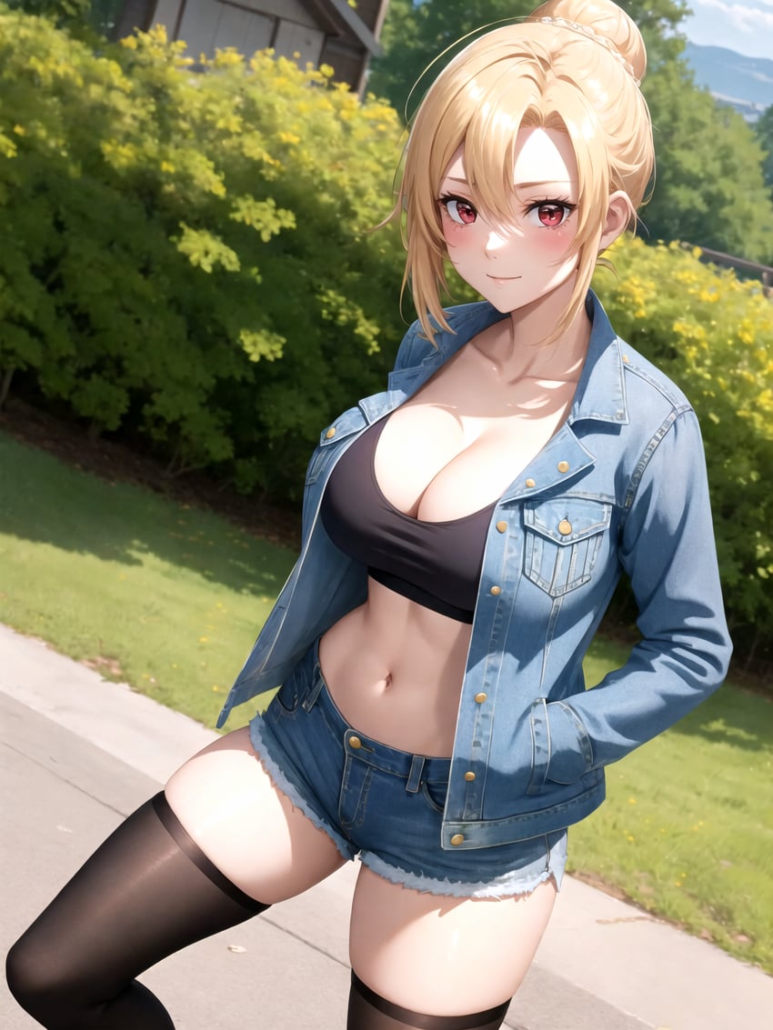 1girl, angelica_rafa_redgrave, black_thighhighs, blonde_hair, blue_jacket, blue_shorts, blue_sleeves, blush