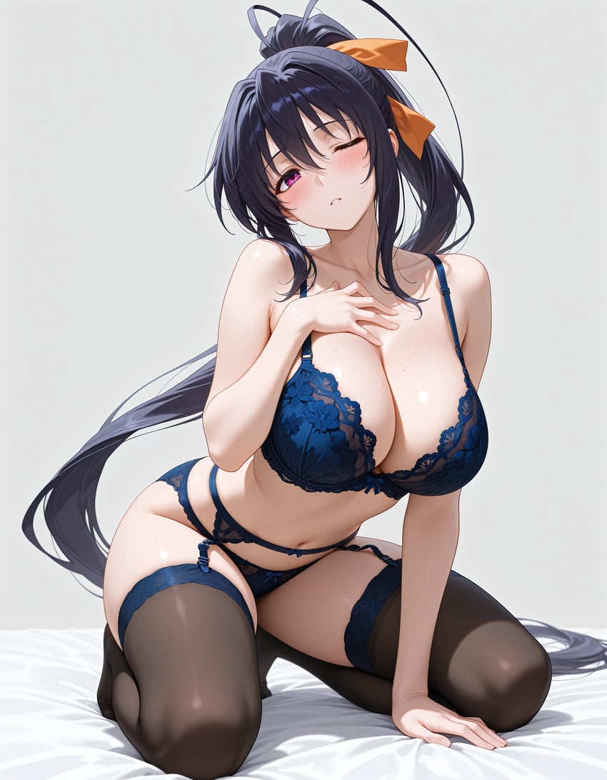 1girl, absurdres, bangs, bed, bed_sheet, black_hair, black_thighhighs, blue_bra