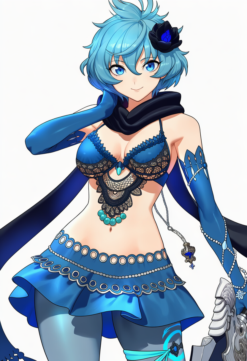 1girl, apprenticedomini, bangs, bare_shoulders, black_scarf, blue_bra, blue_eyes, blue_flower, blue_gloves, blue_hair, blue_pantyhose, blue_rose, blue_skirt, bra, breasts, cleavage, closed_mouth, curvy, drag-on_dragoon, drag-on_dragoon_3, elbow_gloves, eyebrows_visible_through_hair, flower, gloves, hair_between_eyes, hair_flower, hair_ornament, hand_on_own_cheek, hand_on_own_face, head_rest, holding, holding_sword, holding_weapon, inpainted, long_scarf, looking_at_viewer, medium_breasts, messy_hair, miniskirt, narrow_waist, navel, non-web_source, novelai, pantyhose, rose, scarf, self-upload, short_hair, simple_background, skirt, smile, solo, stomach, sword, thick_thighs, thighs, two_(drag-on_dragoon), underwear, weapon, white_background, wide_hips