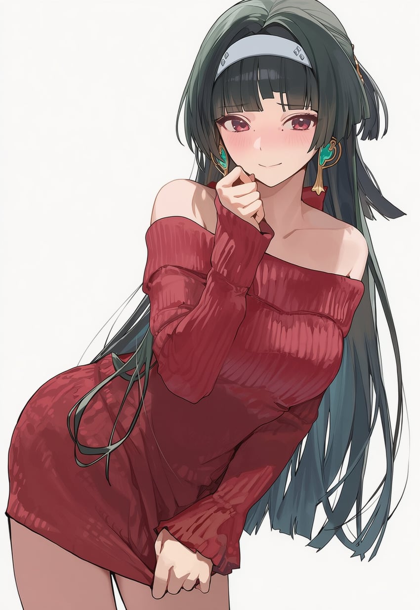 1girl, astra_yao, bangs, bare_shoulders, black_hair, blunt_bangs, breasts, closed_mouth