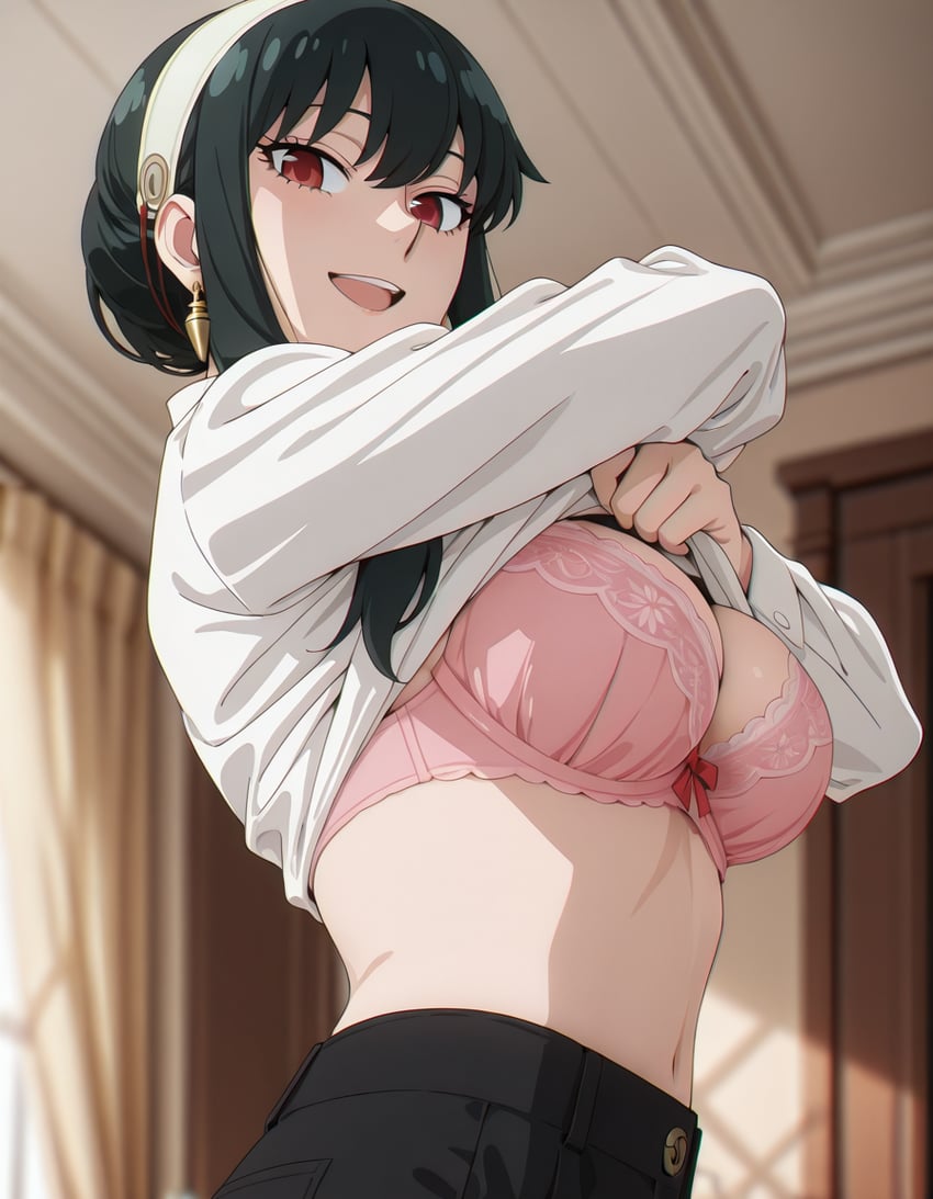 1girl, bangs, black_hair, bow, bow_bra, bra, breasts, chromatic_aberration