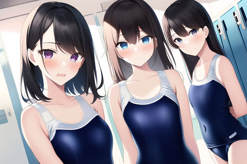 3girls, bangs, bare_shoulders, black_hair, blue_eyes, blush, breasts, brown_hair, collarbone, competition_school_swimsuit, covered_navel, highres, long_hair, looking_at_viewer, metadata_request, multiple_girls, novelai, old_school_swimsuit, one-piece_swimsuit, original, poporo, purple_eyes, school_swimsuit, school_uniform, short_hair, small_breasts, swimsuit, swimsuit_under_clothes, upper_body, wet, wet_clothes