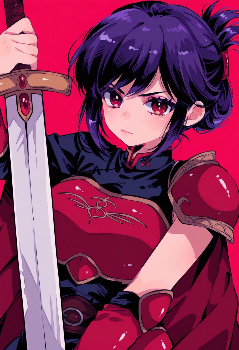 1girl, armor, bangs, belt, black_gloves, black_shirt, blush, boobplate, breastplate, brown_belt, cape, closed_mouth, collared_shirt, colored_eyelashes, folded_ponytail, frown, gloves, hair_ornament, hip_armor, holding, holding_sword, holding_weapon, kingdom_of_deception, knight, looking_at_viewer, parody, pauldrons, purple_hair, red_armor, red_background, red_cape, red_eyes, retro_artstyle, sabia_(kingdom_of_deception), search_bot, shirt, shoulder_armor, sidelocks, simple_background, single_glove, single_pauldron, single_sleeve, solo, style_parody, swept_bangs, sword, upper_body, v-shaped_eyebrows, weapon