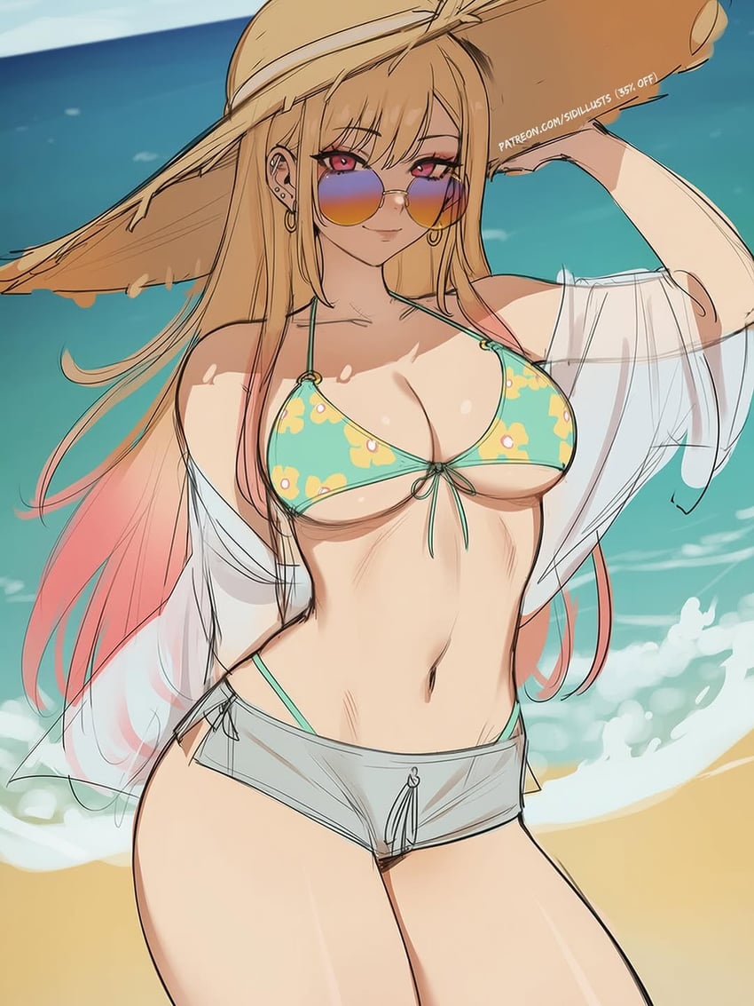 1girl, arm_behind_back, arm_up, artist_name, beach, bikini, blue_sky, breasts