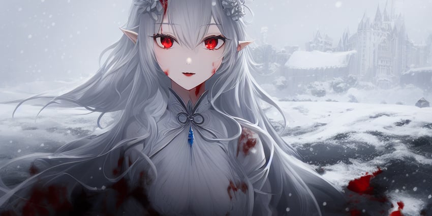 1girl, backlighting, bad_link, bangs, blood, blood_in_hair, blood_on_clothes, blood_on_dress, blood_on_face, blood_on_ground, brooch, building, castle, dress, expressionless, eyebrows_visible_through_hair, field, floating_hair, flower, grey_sky, hair_between_eyes, hair_flower, hair_ornament, jewelry, kether, long_hair, looking_at_viewer, metadata_request, original, outdoors, pointy_ears, red_eyes, red_lips, snow, snowing, solo, upper_body, waifu_diffusion, white_dress, white_flower, white_hair, white_theme, winter
